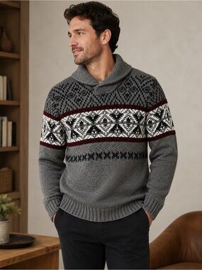 L’Uomo Made in Italy Men’s Fair Isle Shawl Collar Wool Blend Sweater Size Large